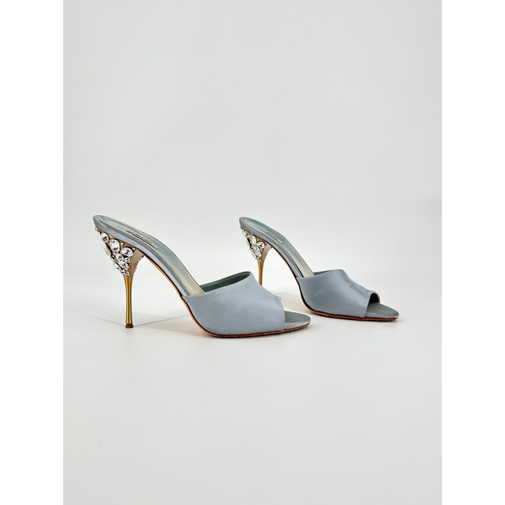 Miu Miu Light Blue Satin Crystal Embellished Peep Toe Stiletto Mule Heels 38 IT